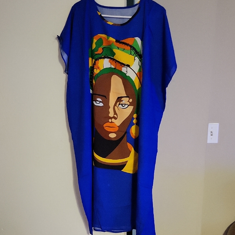 Vibrant Blue Kaftan with Artistic Print
